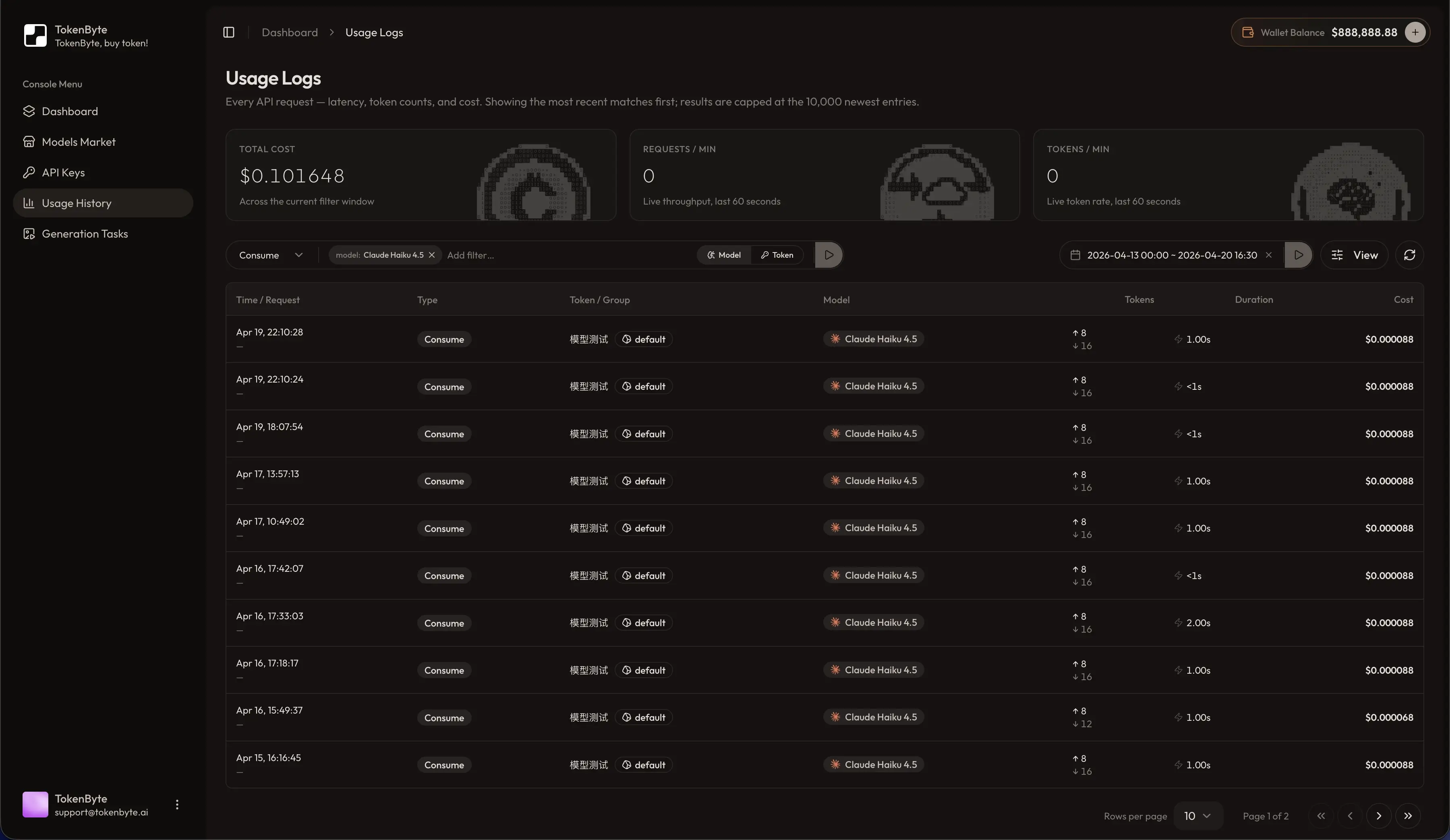 Real-time usage dashboard · Slice by model, key, or time window