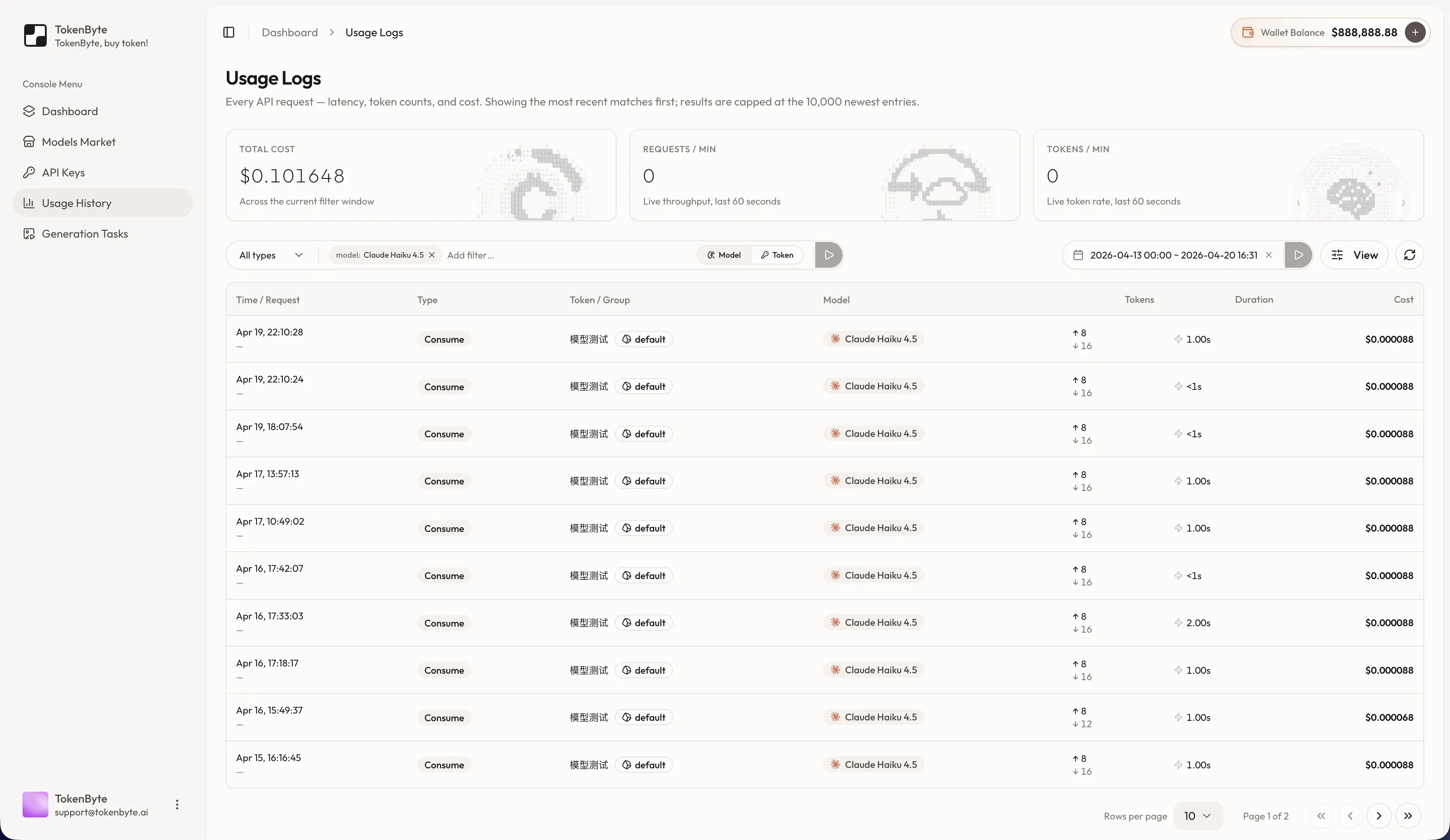 Real-time usage dashboard · Slice by model, key, or time window